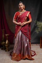 Pastel lavender jacquard floral zari design half saree with contrast zari border and dhavani