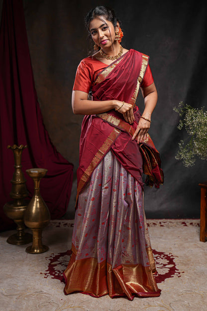 Pastel lavender jacquard floral zari design half saree with contrast zari border and dhavani