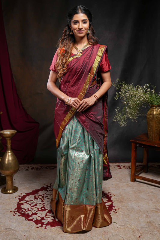 Turquoise green jacquard floral zari design half saree with contrast zari border and dhavani