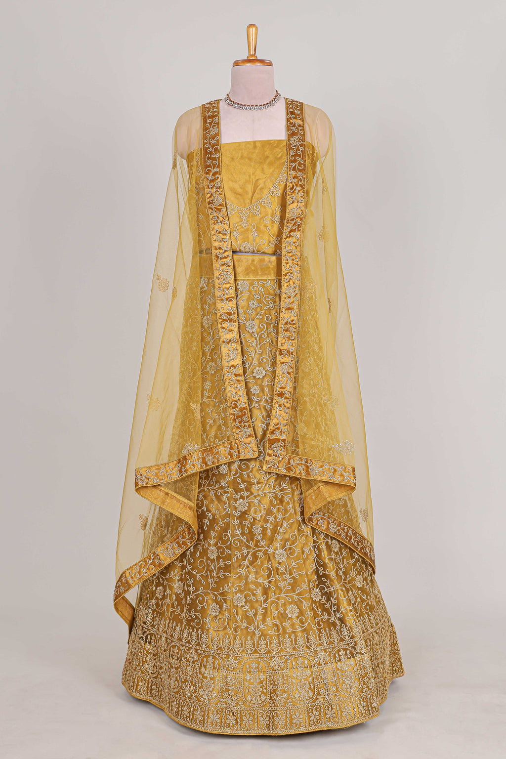Sandle colour net lehenga featuring delicate embroidery with a borderless design paired with a matching self shawl