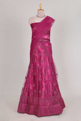 Rose colour net lehenga featuring delicate embroidery with a borderless design paired with a matching self shawl