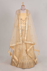 Cream colour net lehenga featuring delicate embroidery with a borderless design paired with a matching self shawl