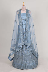 Sea blue colour net lehenga featuring delicate embroidery stone work with a borderless design paired with a matching self shawl