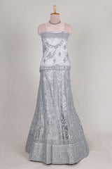 Silver colour net lehenga featuring delicate embroidery stone work with a borderless design paired with a matching self shawl