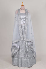 Silver colour net lehenga featuring delicate embroidery stone work with a borderless design paired with a matching self shawl