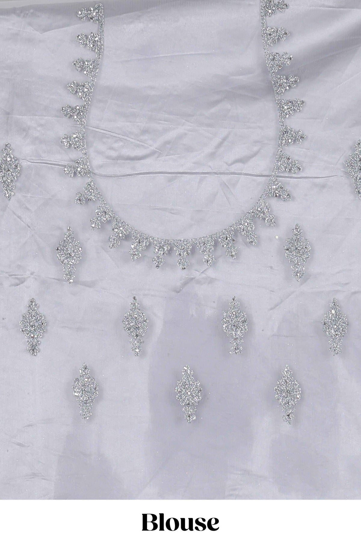 Silver colour net lehenga featuring delicate embroidery stone work with a borderless design paired with a matching self shawl
