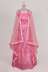 Pink net lehenga featuring delicate embroidery with a borderless design paired with a matching self shawl