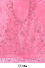 Pink net lehenga featuring delicate embroidery with a borderless design paired with a matching self shawl