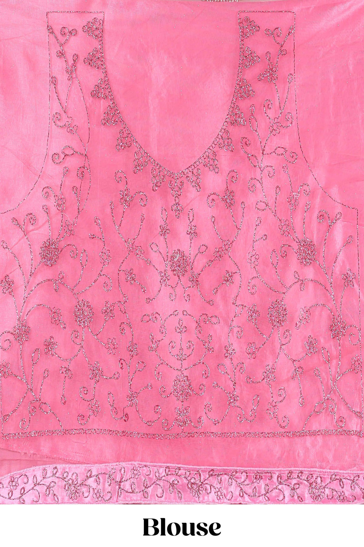 Pink net lehenga featuring delicate embroidery with a borderless design paired with a matching self shawl