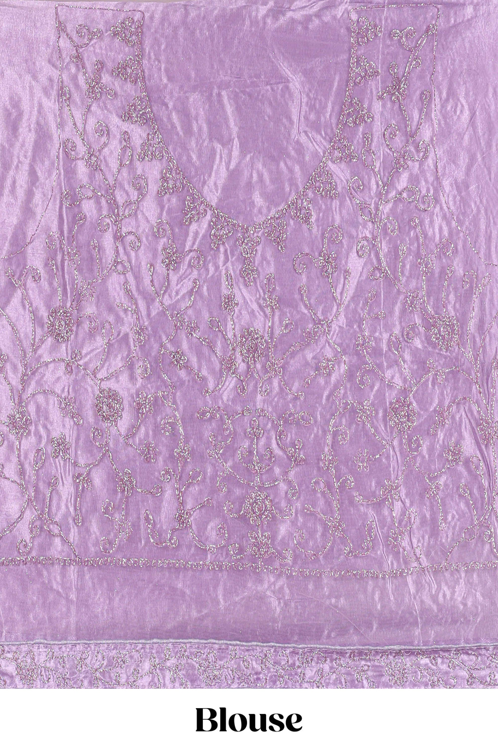 Lavender net lehenga featuring delicate embroidery with a borderless design paired with a matching self shawl