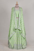 Powder green satin lehenga featuring delicate embroidery with a bordered design paired with a matching self shawl