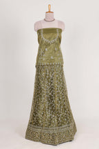 Olive Green net lehenga featuring delicate embroidery with a borderless design paired with a matching self shawl
