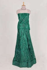 Bottle Green net lehenga featuring delicate embroidery with a borderless design paired with a matching self shawl