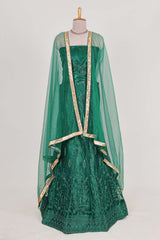 Bottle Green net lehenga featuring delicate embroidery with a borderless design paired with a matching self shawl