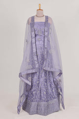 Lavender net lehengawith embroidery work and Paired with a matching net shawl