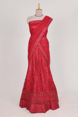 Bright red net lehenga intricate embroidery andpaired with a matching embroidered blouse