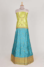 Blue and yellow satin lehenga embroidery with a beautiful contrast border paired with a matching embroidered blouse