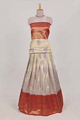 Red tissue lehenga featuring intricate thread weaving details with a beautiful contrast border Paired with a brocadeshawl