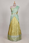 Lemon yellow tissue lehenga featuring elegant vertical line patterns with a beautiful contrast border Paired with a matching shawl
