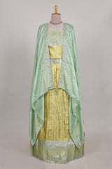 Lemon yellow tissue lehenga featuring elegant vertical line patterns with a beautiful contrast border Paired with a matching shawl