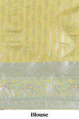 Lemon yellow tissue lehenga featuring elegant vertical line patterns with a beautiful contrast border Paired with a matching shawl