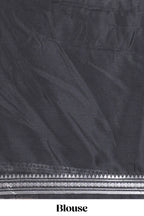 Grey silk cotton lehenga with a black shawl with a traditional silver zari woven border and contrast blouse