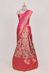 Pink colour eleganttissue lehenga featuring intricate thread weaving details with a beautiful contrast border Paired with a brocadeshawl