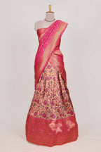 Pink colour elegant  tissue lehenga featuring intricate thread weaving details with a beautiful contrast border Paired with a brocade  shawl