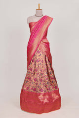 Pink colour eleganttissue lehenga featuring intricate thread weaving details with a beautiful contrast border Paired with a brocadeshawl