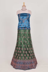 Green and blue Beautiful net lehenga with intricate embroidery stone work and contrast border paired with a contrast net shawl