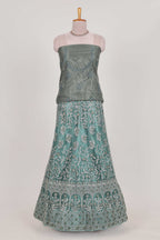 Pastel Sage Green Beautiful net lehenga with intricate embroidery stone work and contrast border paired with a contrast net shawl