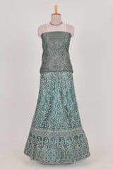 Pastel Sage Green Beautiful net lehenga with intricate embroidery stone work and contrast border paired with a contrast net shawl