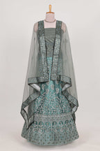 Pastel Sage Green Beautiful net lehenga with intricate embroidery stone work and contrast border paired with a contrast net shawl