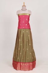 Olive Green and Pink Chettinad Art Cotton Half Saree with Gold Zari Checks Traditional Border and Elegant Woven Detailing Shawl with a Waist Belt