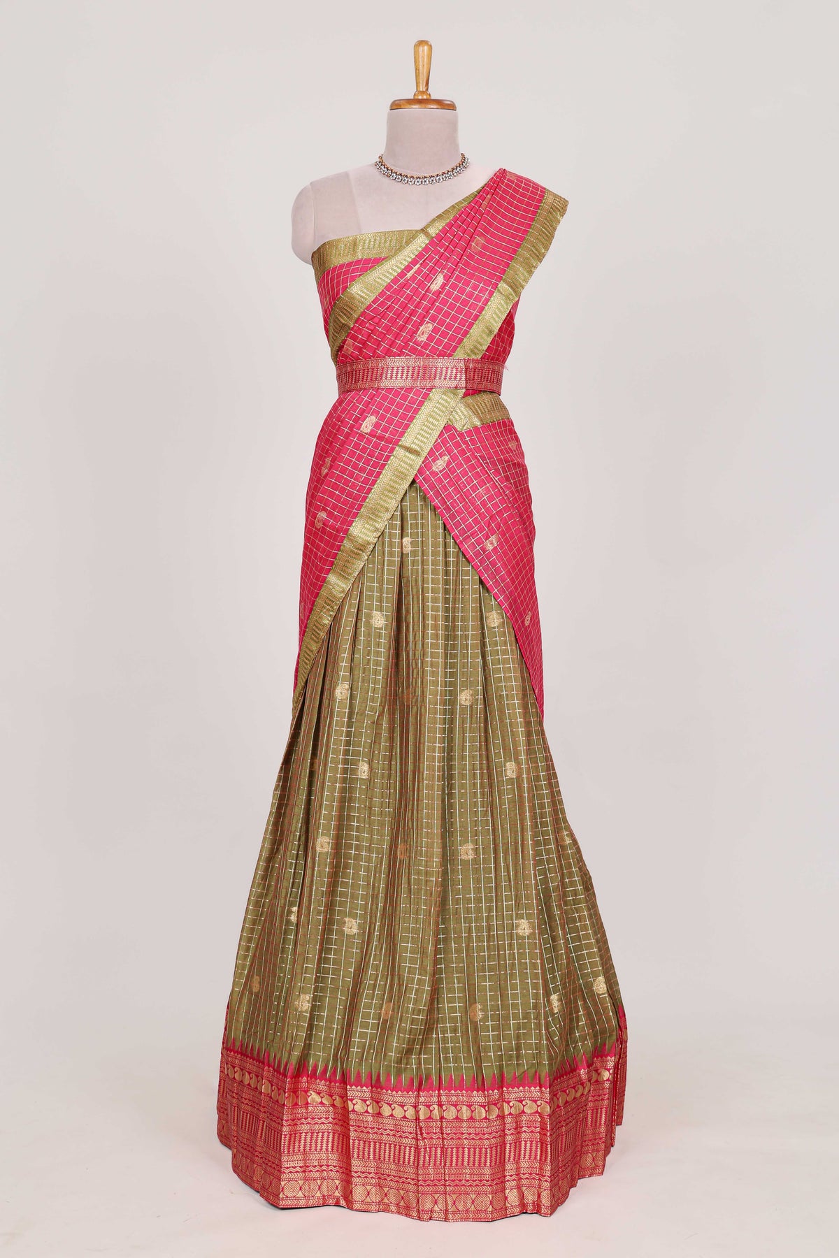 Olive Green and Pink Chettinad Art Cotton Half Saree with Gold Zari Checks Traditional Border and Elegant Woven Detailing Shawl with a Waist Belt