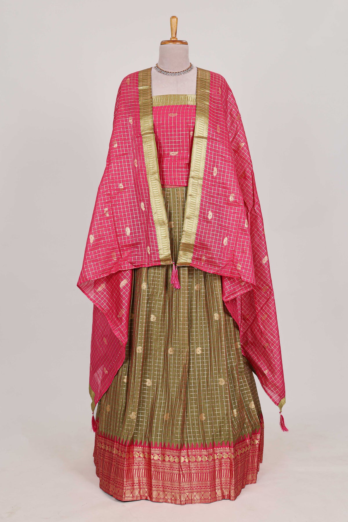 Olive Green and Pink Chettinad Art Cotton Half Saree with Gold Zari Checks Traditional Border and Elegant Woven Detailing Shawl with a Waist Belt
