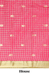 Olive Green and Pink Chettinad Art Cotton Half Saree with Gold Zari Checks Traditional Border and Elegant Woven Detailing Shawl with a Waist Belt