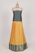 Turmeric Yellow and Green Chettinad Art Cotton Half Saree with Gold Zari Checks Traditional Border and Elegant Woven Detailing Shawl with a Waist Belt