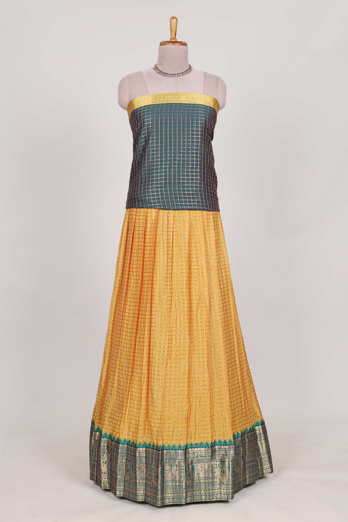 Turmeric Yellow and Green Chettinad Art Cotton Half Saree with Gold Zari Checks Traditional Border and Elegant Woven Detailing Shawl with a Waist Belt