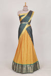 Turmeric Yellow and Green Chettinad Art Cotton Half Saree with Gold Zari Checks Traditional Border and Elegant Woven Detailing Shawl with a Waist Belt