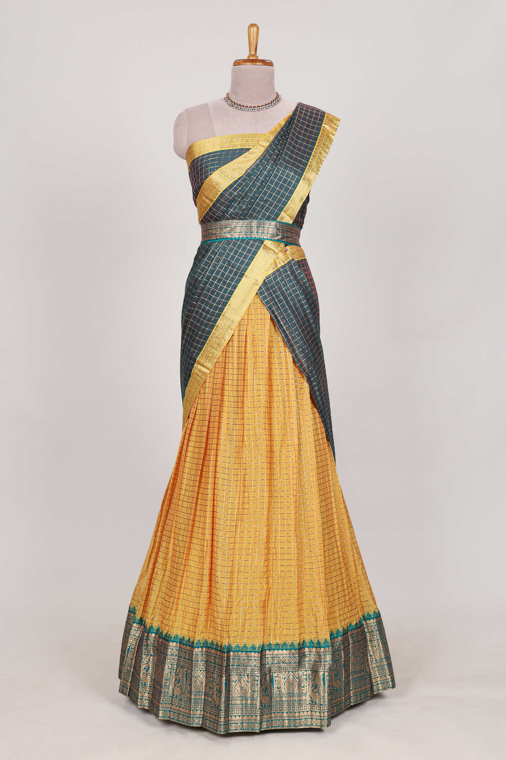 Turmeric Yellow and Green Chettinad Art Cotton Half Saree with Gold Zari Checks Traditional Border and Elegant Woven Detailing Shawl with a Waist Belt