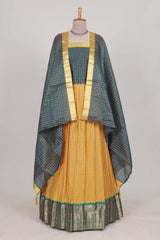 Turmeric Yellow and Green Chettinad Art Cotton Half Saree with Gold Zari Checks Traditional Border and Elegant Woven Detailing Shawl with a Waist Belt