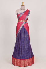 Violet and Pink Chettinad Art Cotton Half Saree with Gold Zari Checks Traditional Border and Elegant Woven Detailing Shawl with a Waist Belt