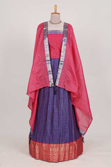 Violet and Pink Chettinad Art Cotton Half Saree with Gold Zari Checks Traditional Border and Elegant Woven Detailing Shawl with a Waist Belt