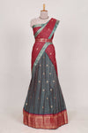 Dark Green and Red Chettinad Art Cotton Half Saree with Gold Zari Checks Traditional Border and Elegant Woven Detailing Shawl with a Waist Belt