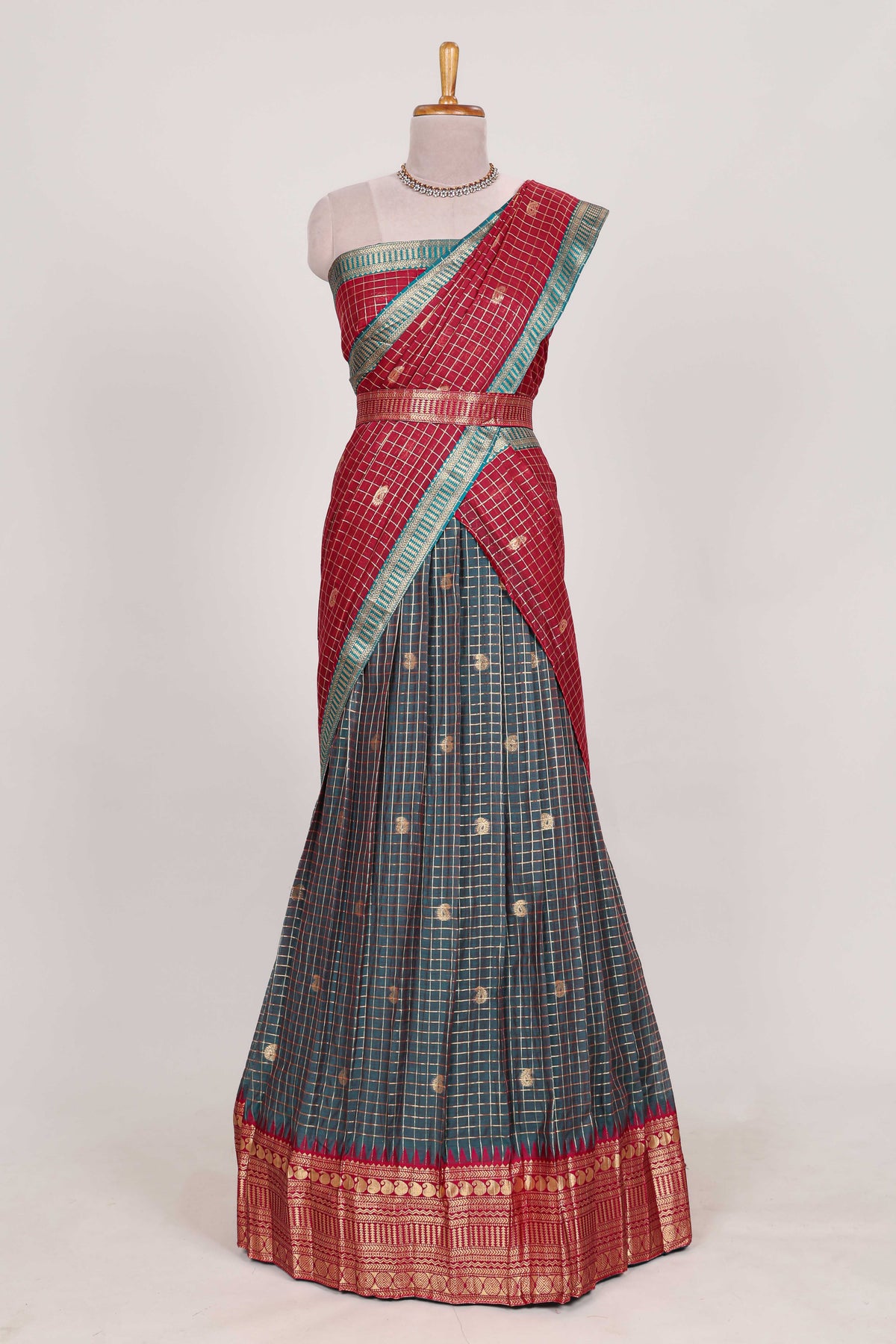 Dark Green and Red Chettinad Art Cotton Half Saree with Gold Zari Checks Traditional Border and Elegant Woven Detailing Shawl with a Waist Belt