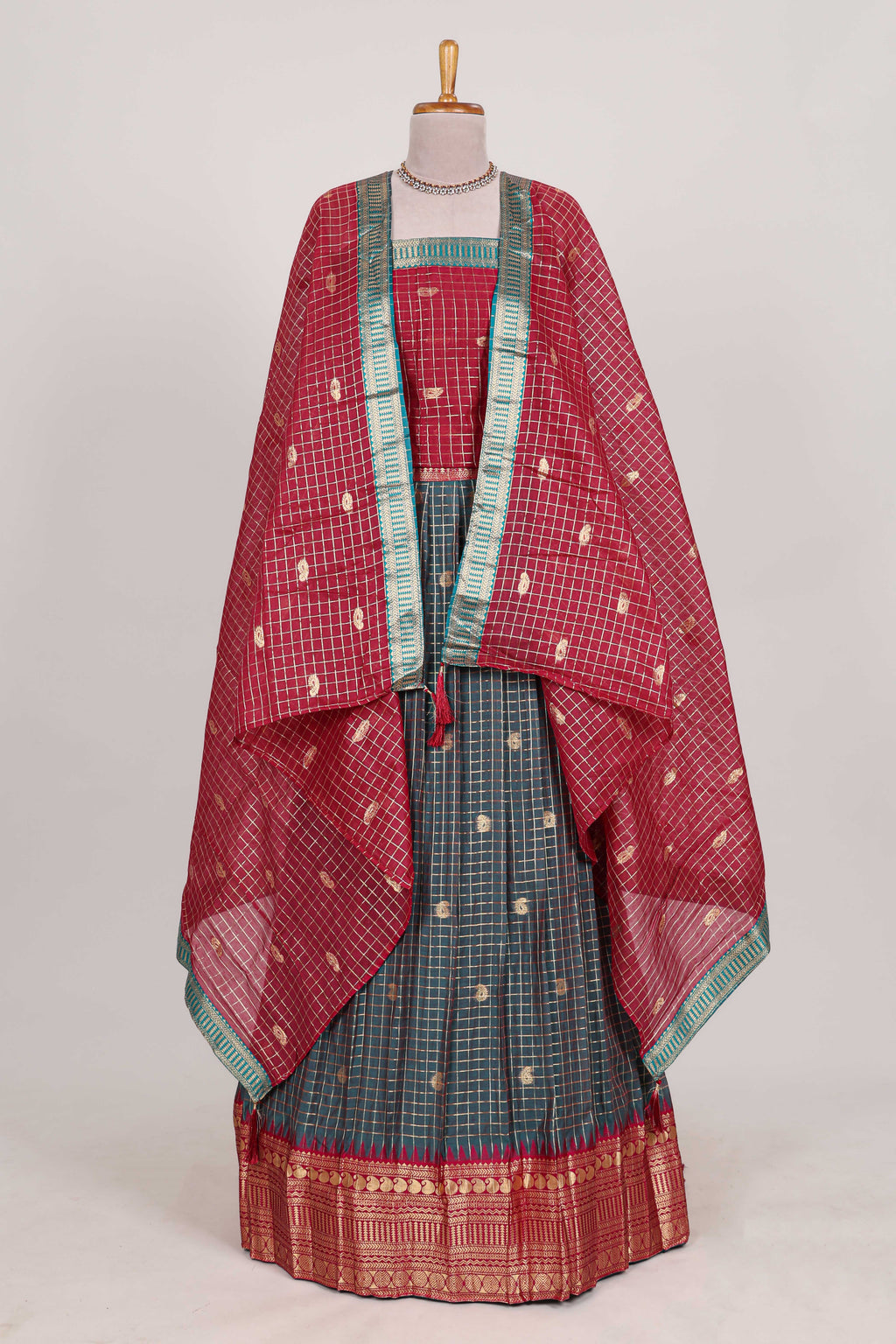 Dark Green and Red Chettinad Art Cotton Half Saree with Gold Zari Checks Traditional Border and Elegant Woven Detailing Shawl with a Waist Belt