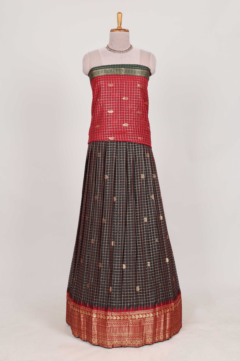 Dark Brown and Red Chettinad Art Cotton Half Saree with Gold Zari Checks Traditional Border and Elegant Woven Detailing Shawl with a Waist Belt