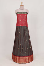 Dark Brown and Red Chettinad Art Cotton Half Saree with Gold Zari Checks Traditional Border and Elegant Woven Detailing Shawl with a Waist Belt