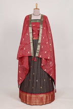 Dark Brown and Red Chettinad Art Cotton Half Saree with Gold Zari Checks Traditional Border and Elegant Woven Detailing Shawl with a Waist Belt